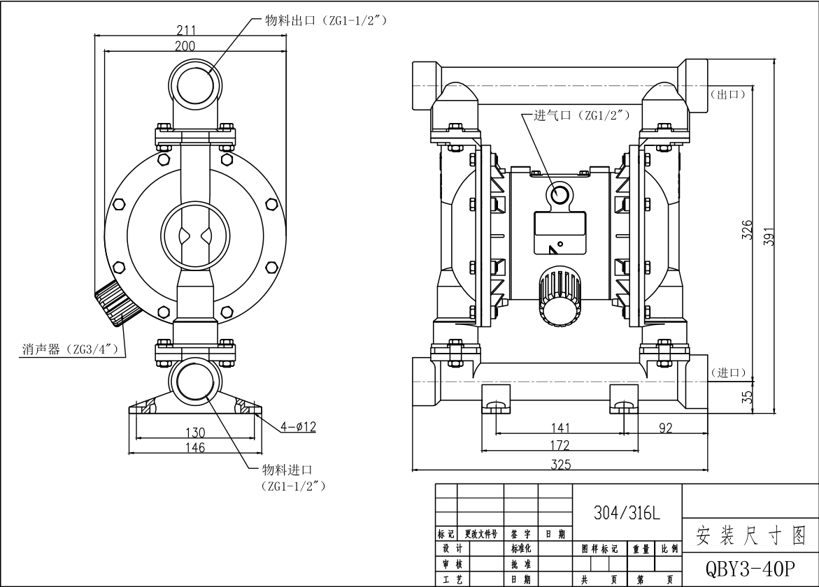 QBY3-32不锈钢304气动隔膜泵-尺寸