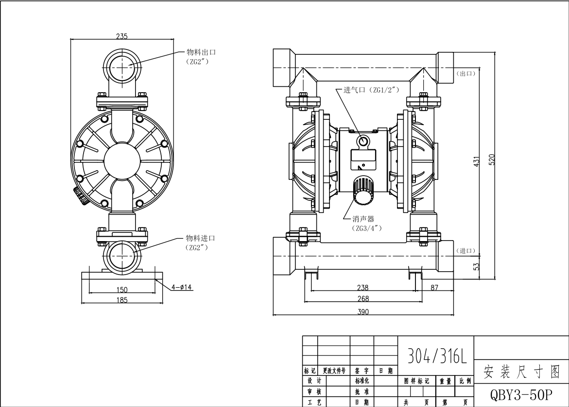 QBY3-50不锈钢316L气动隔膜泵-尺寸