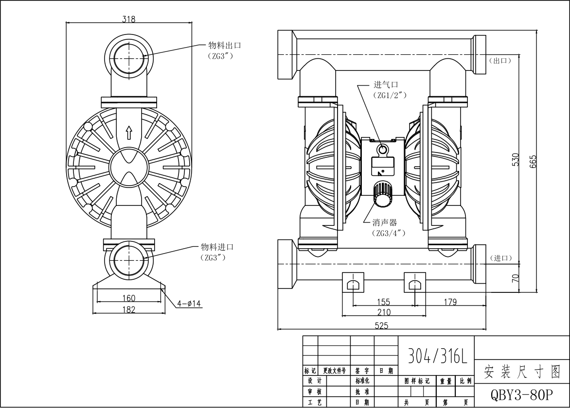 QBY3-80不锈钢316L气动隔膜泵-尺寸